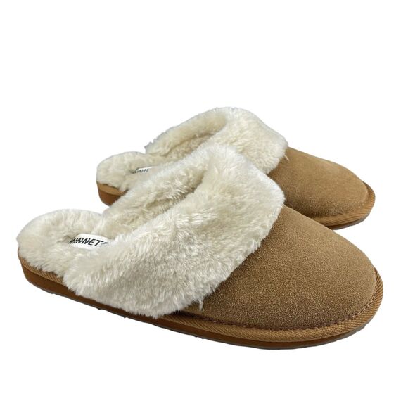Minnetonka Women’s Mule Slippers 10M Tan Suede Faux Fur Lined Slip-On Comfort - Picture 1 of 11